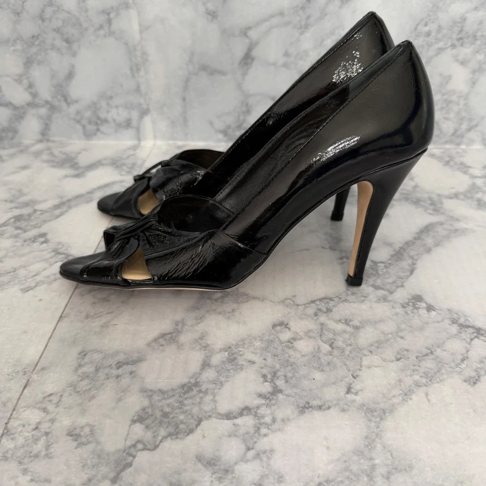 Butter Peep Toe Pumps 8.5 Black Patent Leather Knotted Bow Stiletto Italy‎